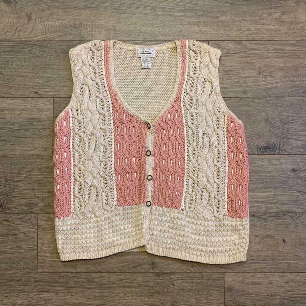 Vintage Gina Peters Cream And Pink Size Large Sweater Vest.